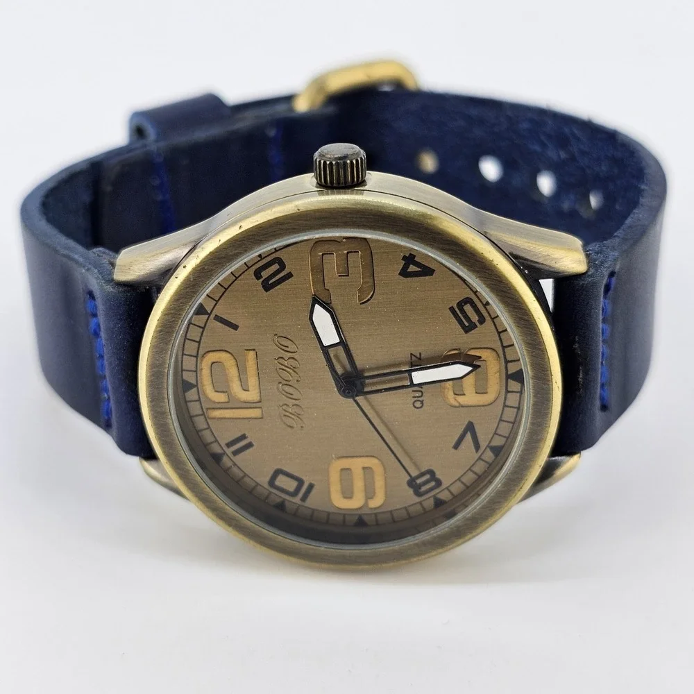 42MM Men's Analog Watch Gold Dial Dark‎ Blue Leahter Bands New Battery